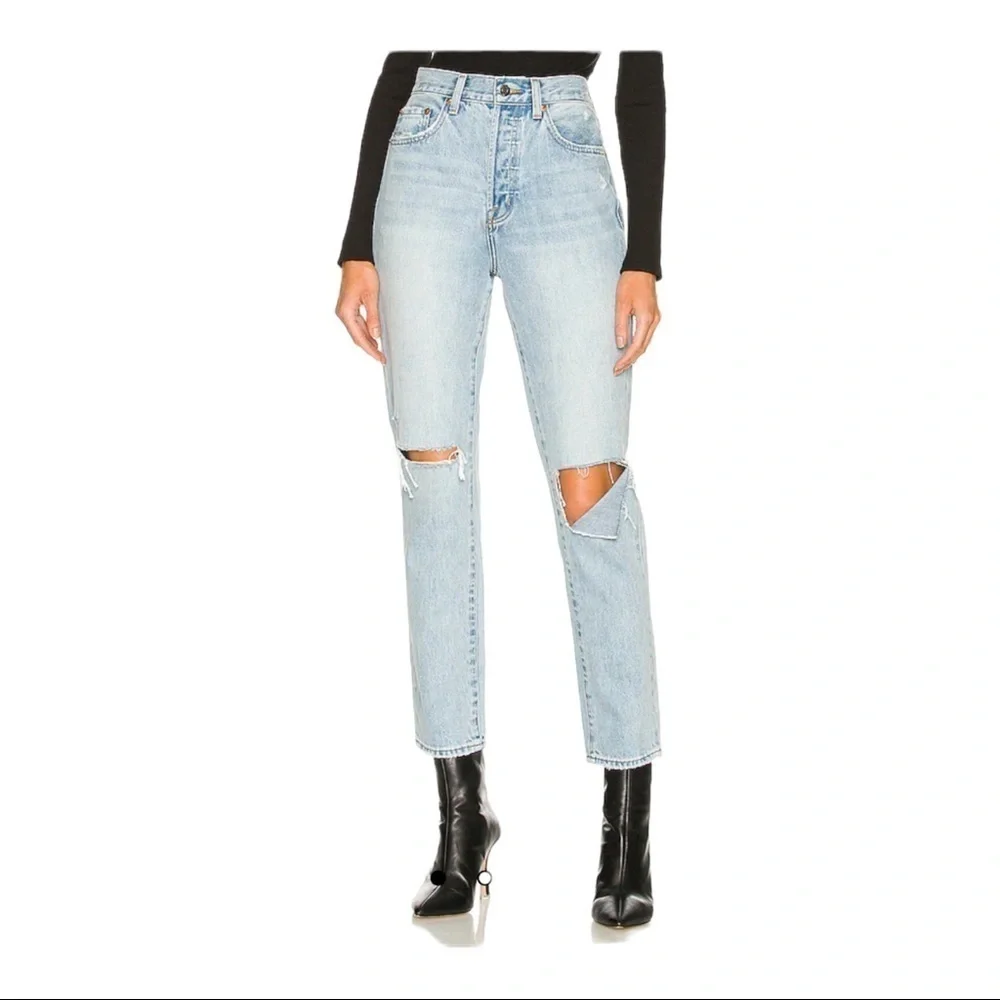 Pistola x Revolve Keaton High Rise Light Wash Distressed Slim Straight Jeans 28
